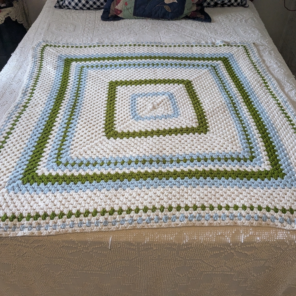 Green and White Crochet Blanket